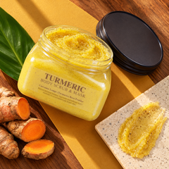 Scentio Very Thai Turmeric Body Scrub & Mask 300 ml — open jar beside turmeric roots and scrub texture