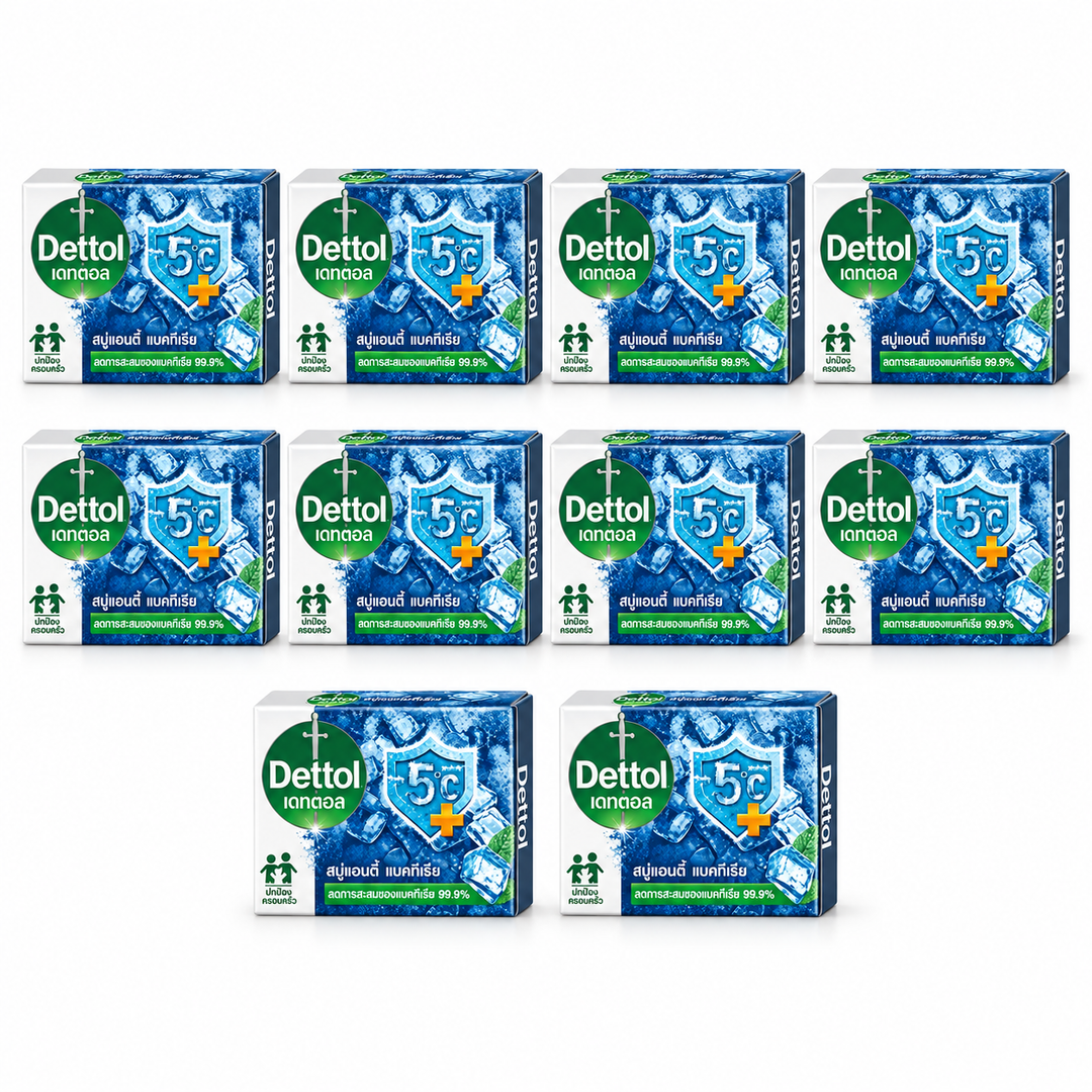Dettol Icy Crushed Antibacterial Bar Soap 65 g — ten complete retail soap boxes on white