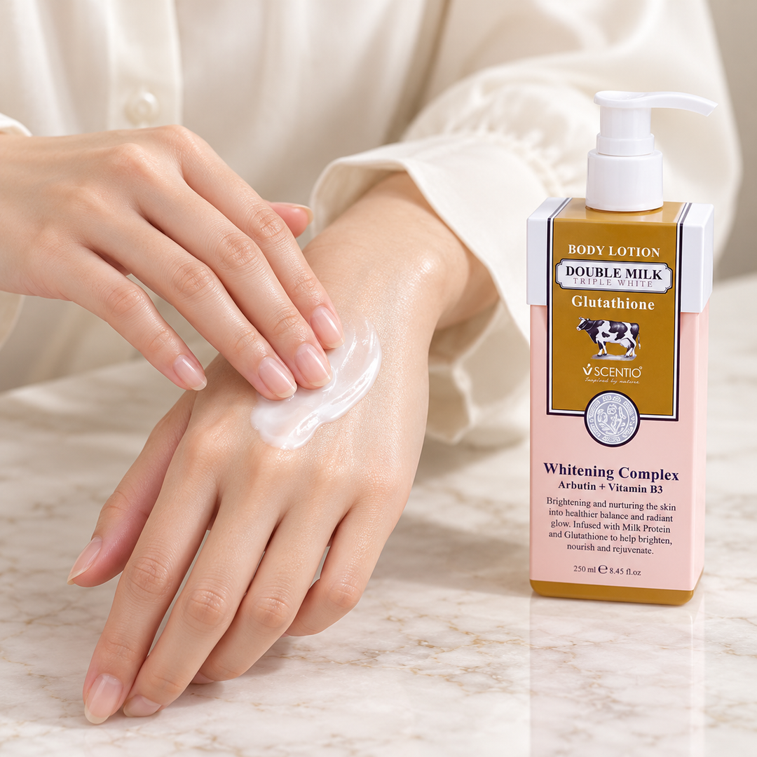 Scentio Double Milk Triple Bright Body Lotion 250 ml — body lotion being applied to a hand