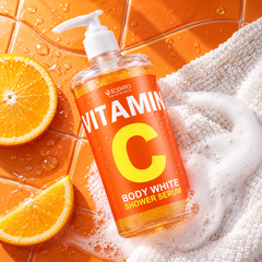 Scentio Vitamin C Body White Shower Serum 450 ml — pump bottle with orange slices and foam