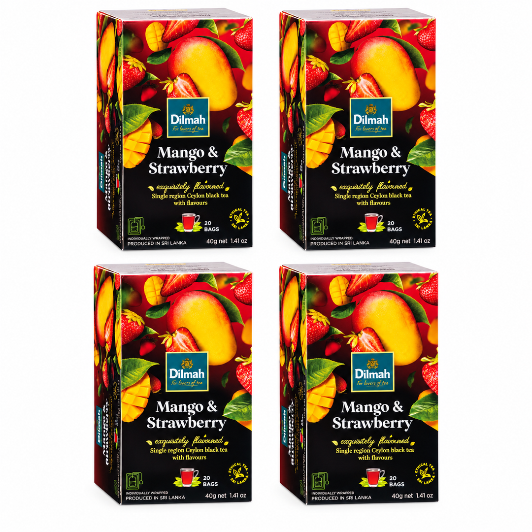 Dilmah Mango & Strawberry Ceylon Black Tea – 4 Boxes / 80 Tea Bags (160 g) — exact multipack quantity on a white background
