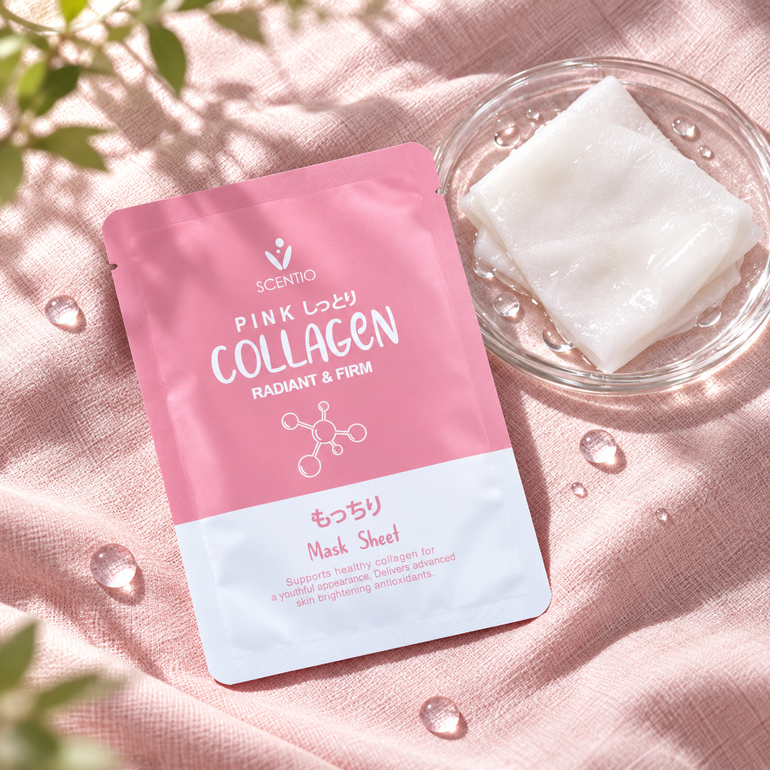 Scentio Pink Collagen Bright & Firm Mask Sheet 1 Sheet — mask sachet beside the unfolded sheet on pink fabric
