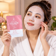 Scentio Pink Collagen Bright & Firm Mask Sheet 1 Sheet — sheet mask worn during a facial care routine