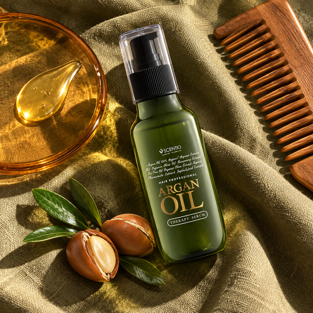 Scentio Hair Professional Argan Oil Therapy Serum 120 ml — bottle beside argan nuts and oil