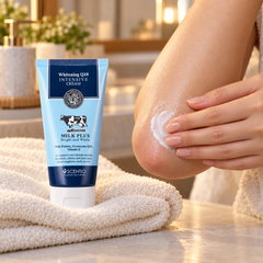 Scentio Milk Plus Whitening Q10 Intensive Cream 50 g — tube beside a heel-care routine