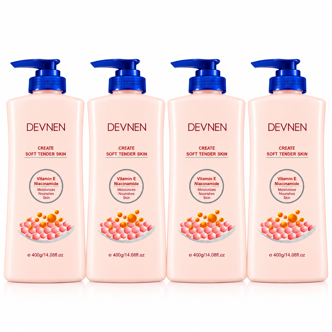 DEVNEN Vitamin E & Niacinamide Moisturizing Body Lotion 400 g – 4 Bottles — exact multipack quantity on a white background