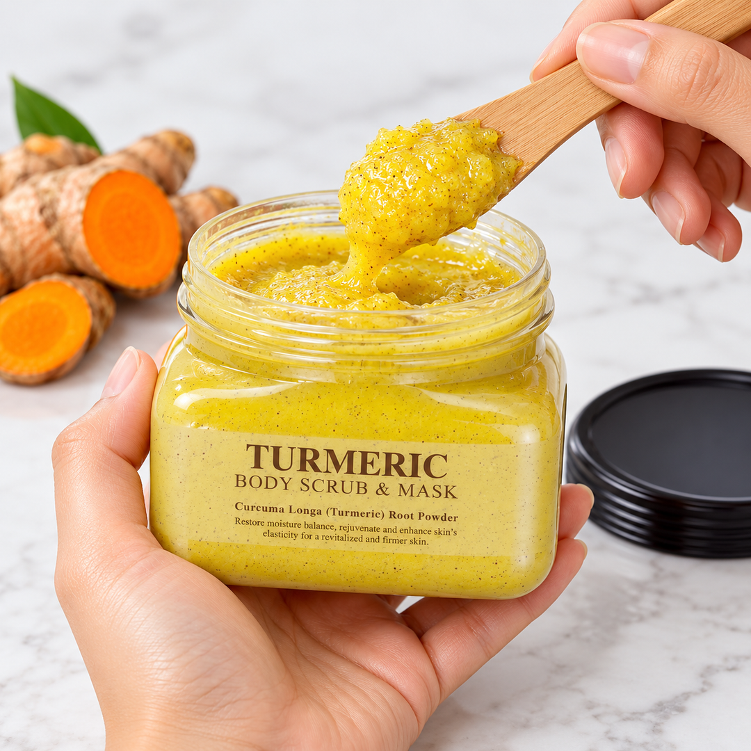 Scentio Very Thai Turmeric Body Scrub & Mask 300 ml — open scrub jar with a wooden spatula