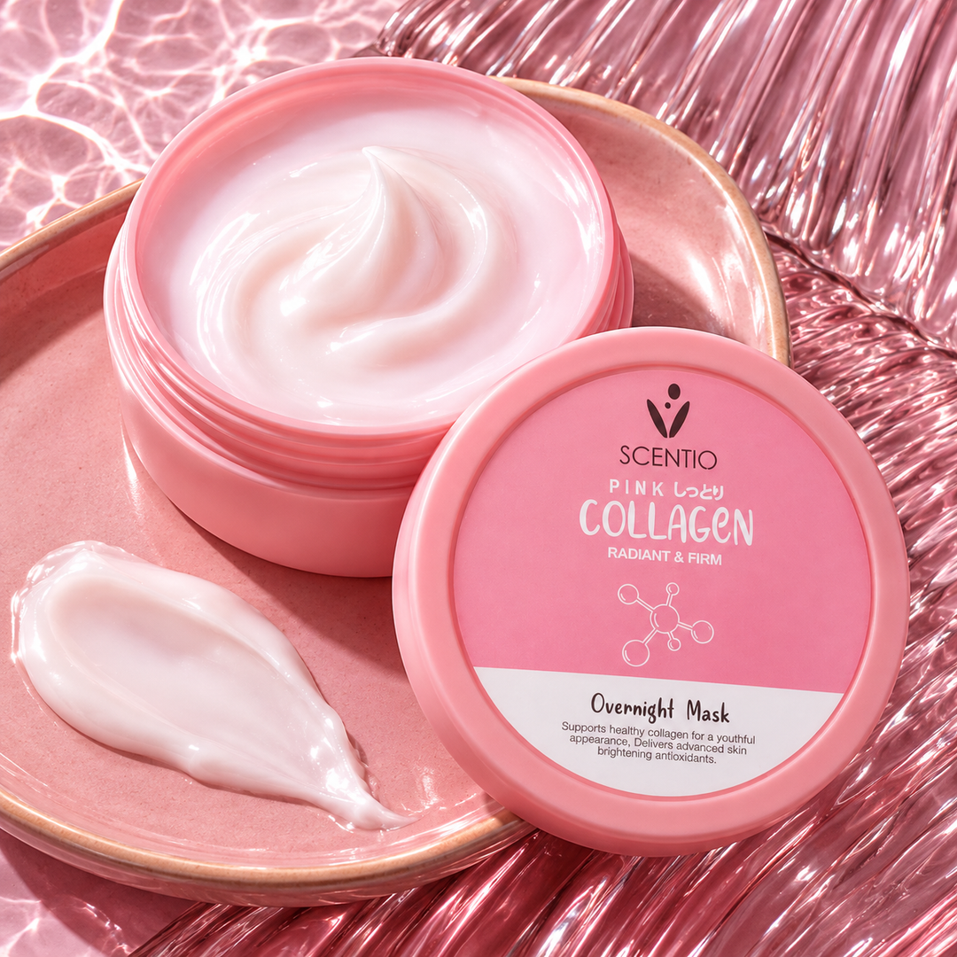 Scentio Pink Collagen Radiant & Firm Overnight Mask 100 ml — open jar showing cream texture on a pink surface