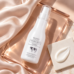 Scentio Double Milk Triple White Facial Emulsion 150 ml — bottle beside emulsion texture on satin