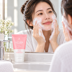 Scentio Pink Collagen Radiant & Firm Facial Foam 100 ml — facial foam beside a woman washing her face