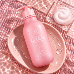 Scentio Pink Collagen Radiant & Firm Shower Serum 350 ml — pump bottle beside foam on a pink surface