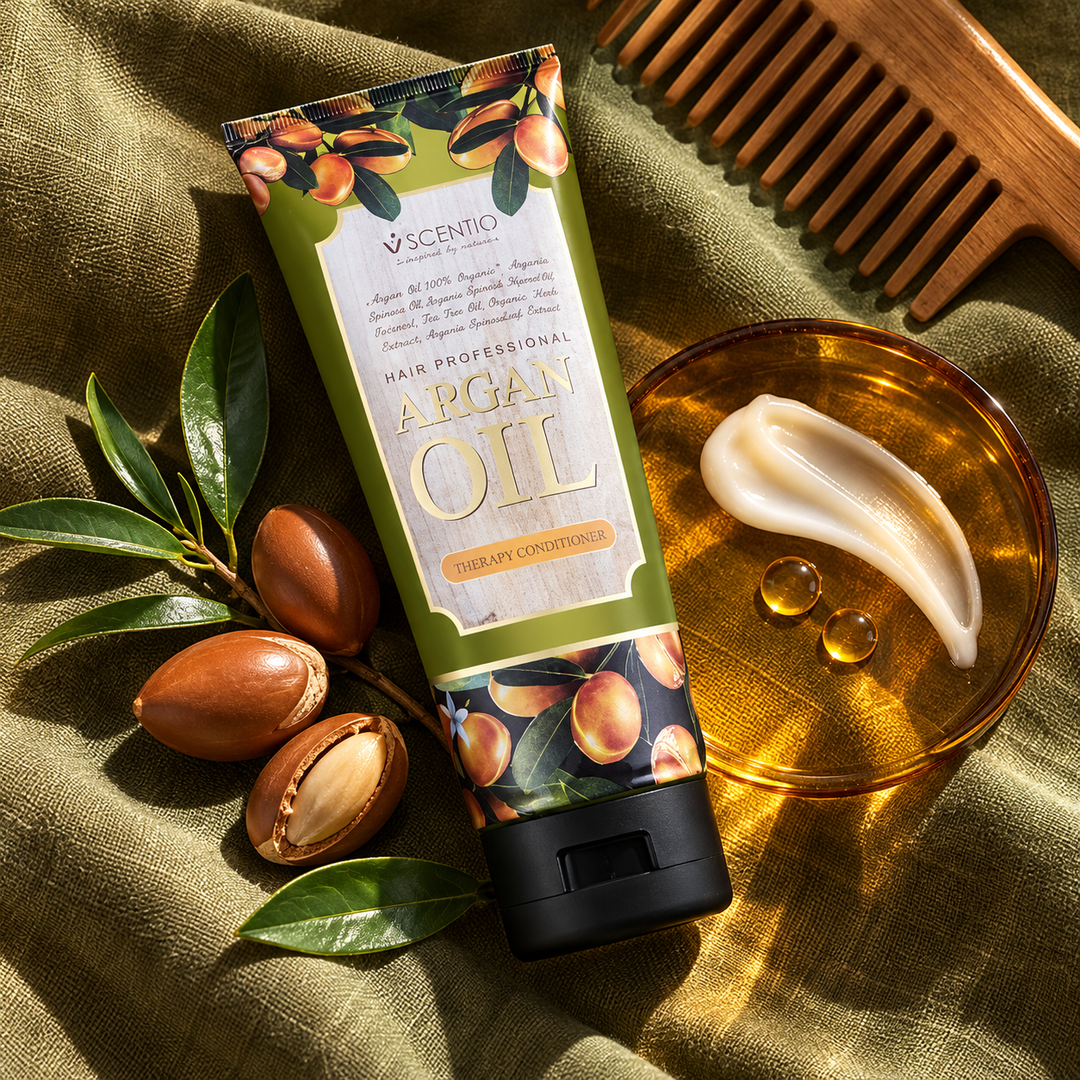Scentio Hair Professional Argan Oil Therapy Conditioner 200 ml — tube beside argan nuts and conditioner texture