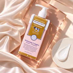 Scentio Double Milk Triple Bright Body Lotion 250 ml — pump bottle beside lotion texture on satin