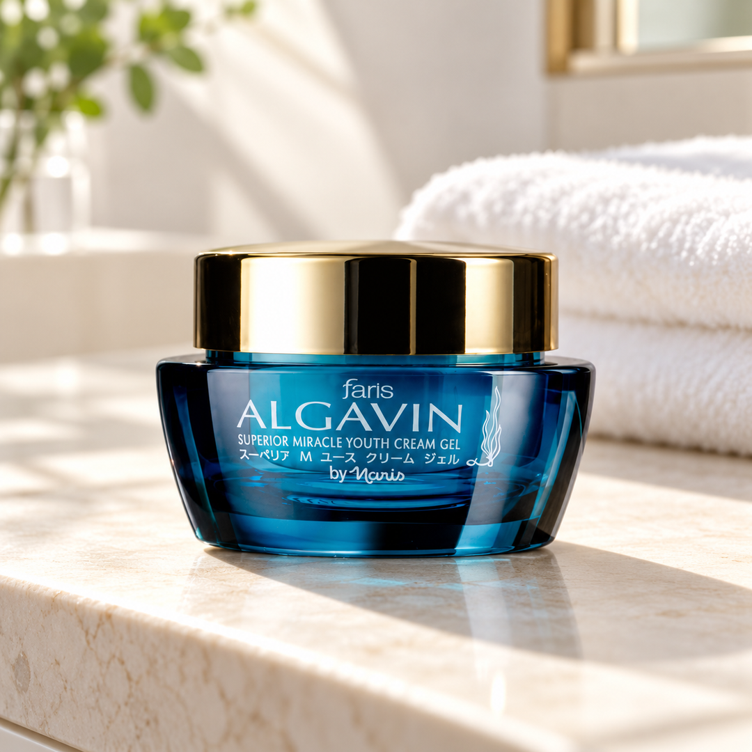 Faris by Naris Algavin Superior Miracle Youth Cream Gel 30 g in a bathroom setting
