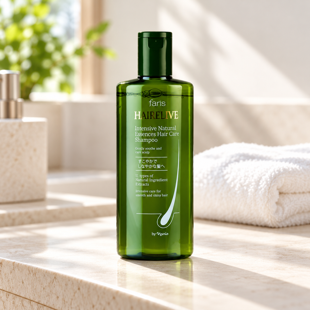 Faris by Naris Hairelive Intensive Natural Essences Shampoo 250 ml in a bathroom setting