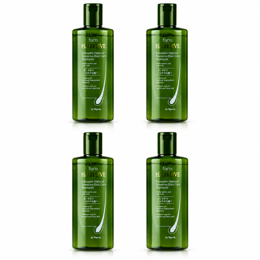 Faris by Naris Hairelive Intensive Natural Essences Shampoo 250 ml – 4 Bottles on white background