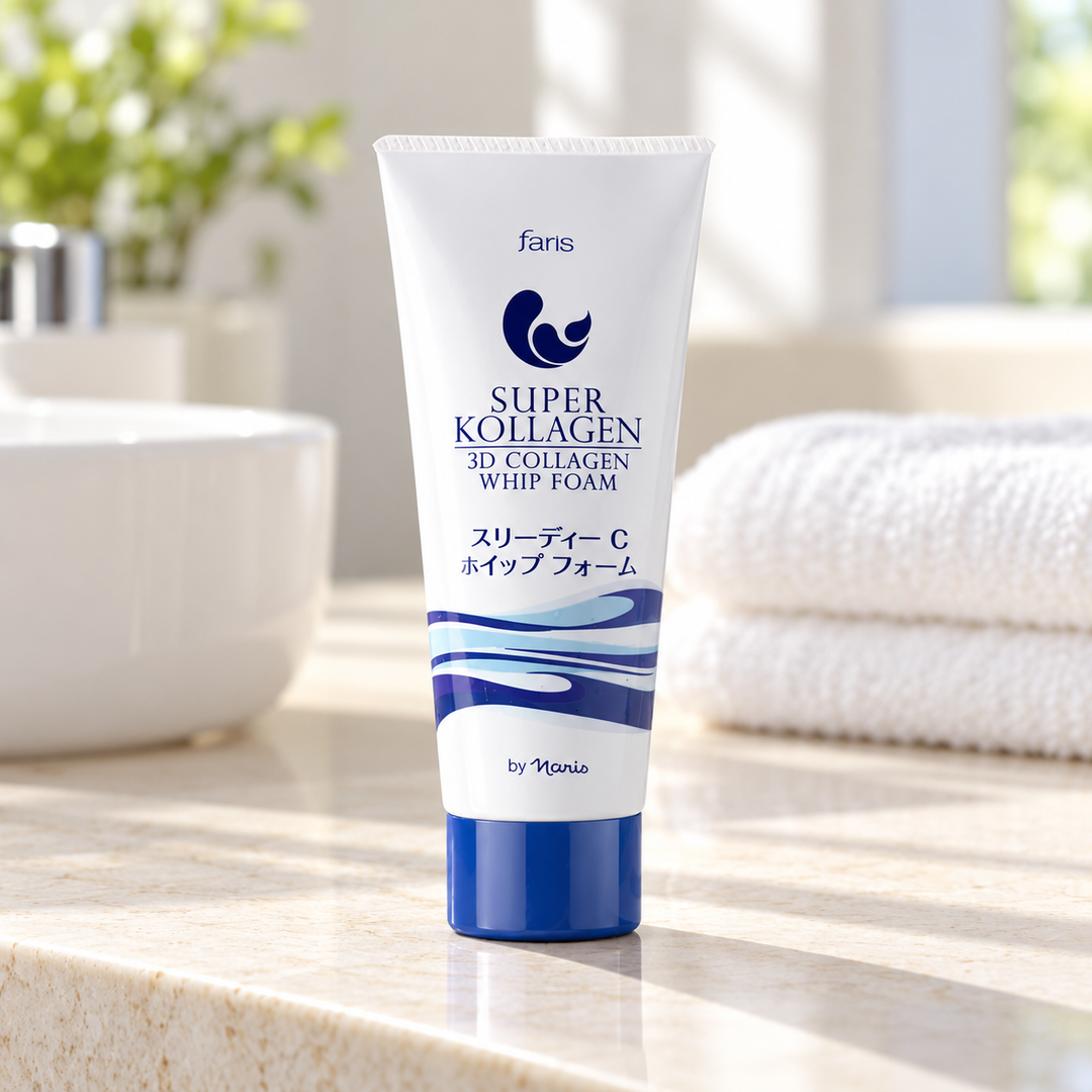 Faris by Naris Super Kollagen 3D Collagen Whip Foam 80 g in a bathroom setting