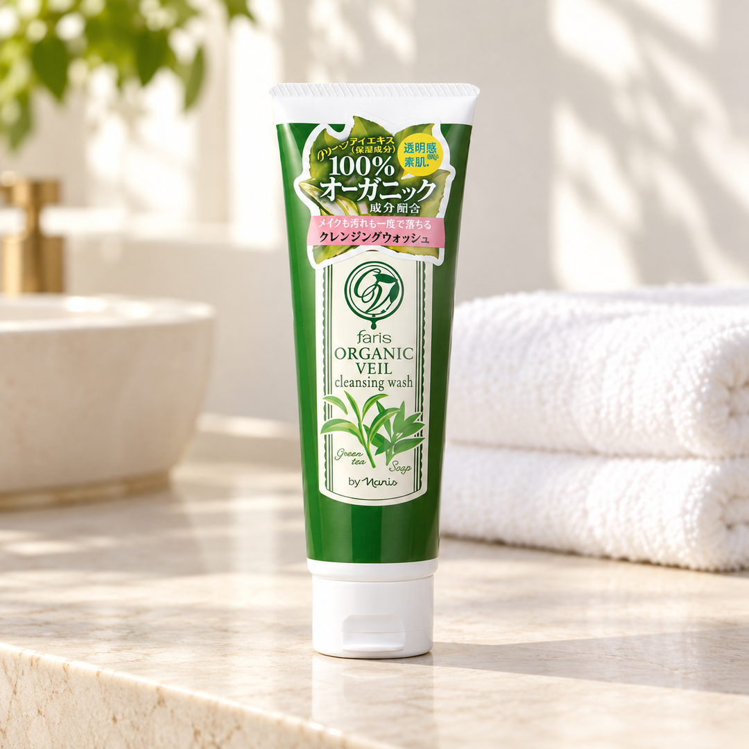 Faris by Naris Organic Veil Green Tea Cleansing Wash 120 g in a bathroom setting