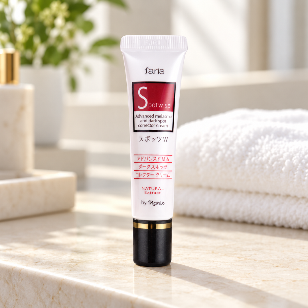 Faris by Naris Spotwise Advanced Dark Spot Corrector Cream 10 g in a bathroom setting