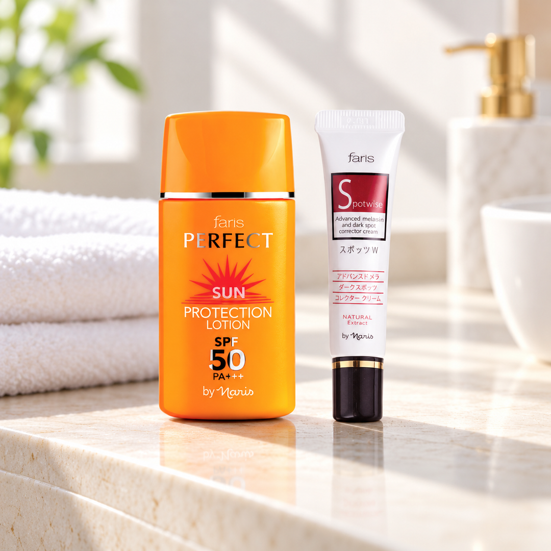 Faris by Naris Tinted Sun Protection 30 ml + Spotwise Cream 10 g Set in a bathroom setting