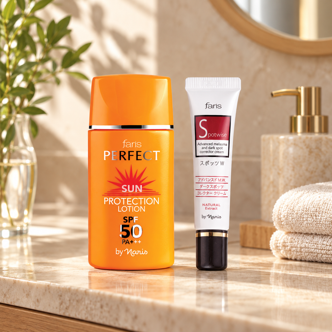 Faris by Naris Tinted Sun Protection 30 ml + Spotwise Cream 10 g Set in a bathroom setting