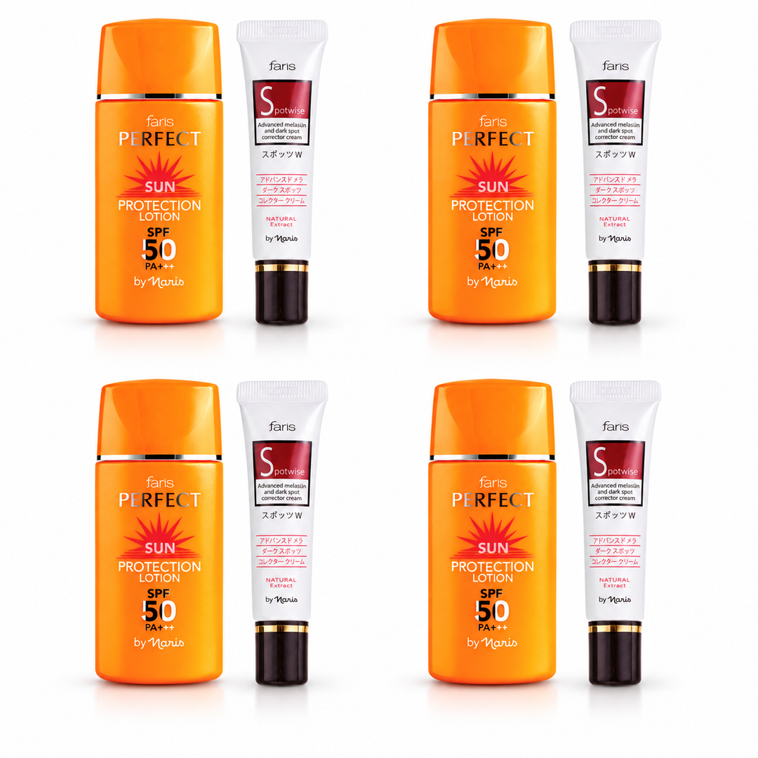 Faris by Naris Tinted Sun Protection 30 ml + Spotwise Cream 10 g Set – 4 Sets on white background