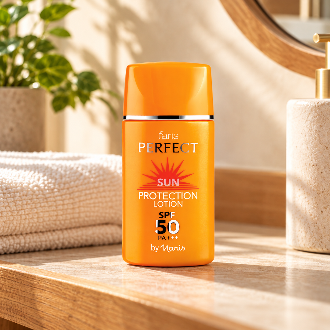 Faris by Naris Perfect Sun Protection Lotion SPF50 PA+++ 30 ml — bathroom setting