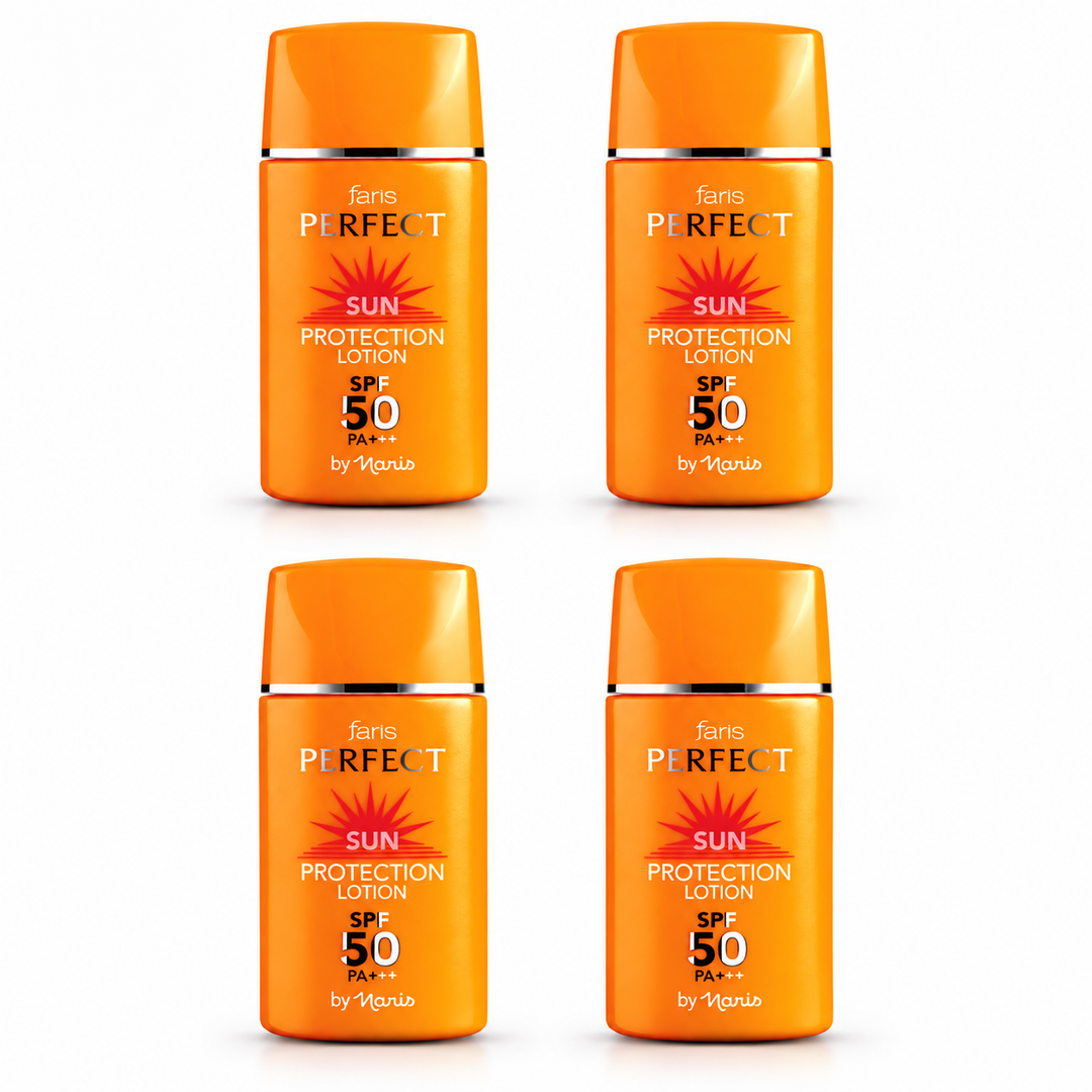 Faris by Naris Perfect Sun Protection Lotion SPF50 PA+++ 30 ml – 4 Bottles on white background