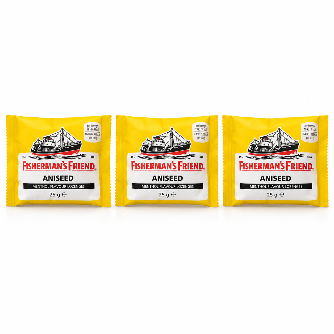 Fisherman's Friend Aniseed Lozenges 25 g – 3 Pouches — exactly 3 sealed pouches on white