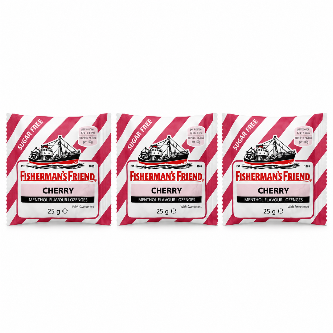Fisherman's Friend Cherry Sugar Free Lozenges 25 g – 3 Pouches — exactly 3 sealed pouches on white
