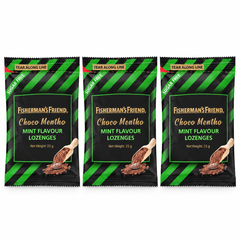 Fisherman's Friend Choco Mentho Mint Sugar Free Lozenges 25 g – 3 Pouches — exactly 3 sealed pouches on white