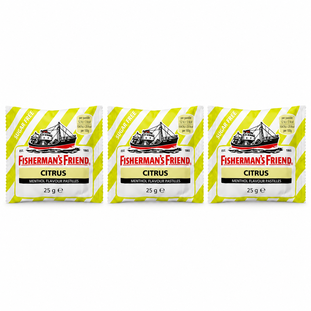 Fisherman's Friend Citrus Sugar Free Lozenges 25 g – 3 Pouches — exactly 3 sealed pouches on white