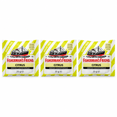 Fisherman's Friend Citrus Sugar Free Lozenges 25 g – 3 Pouches — exactly 3 sealed pouches on white