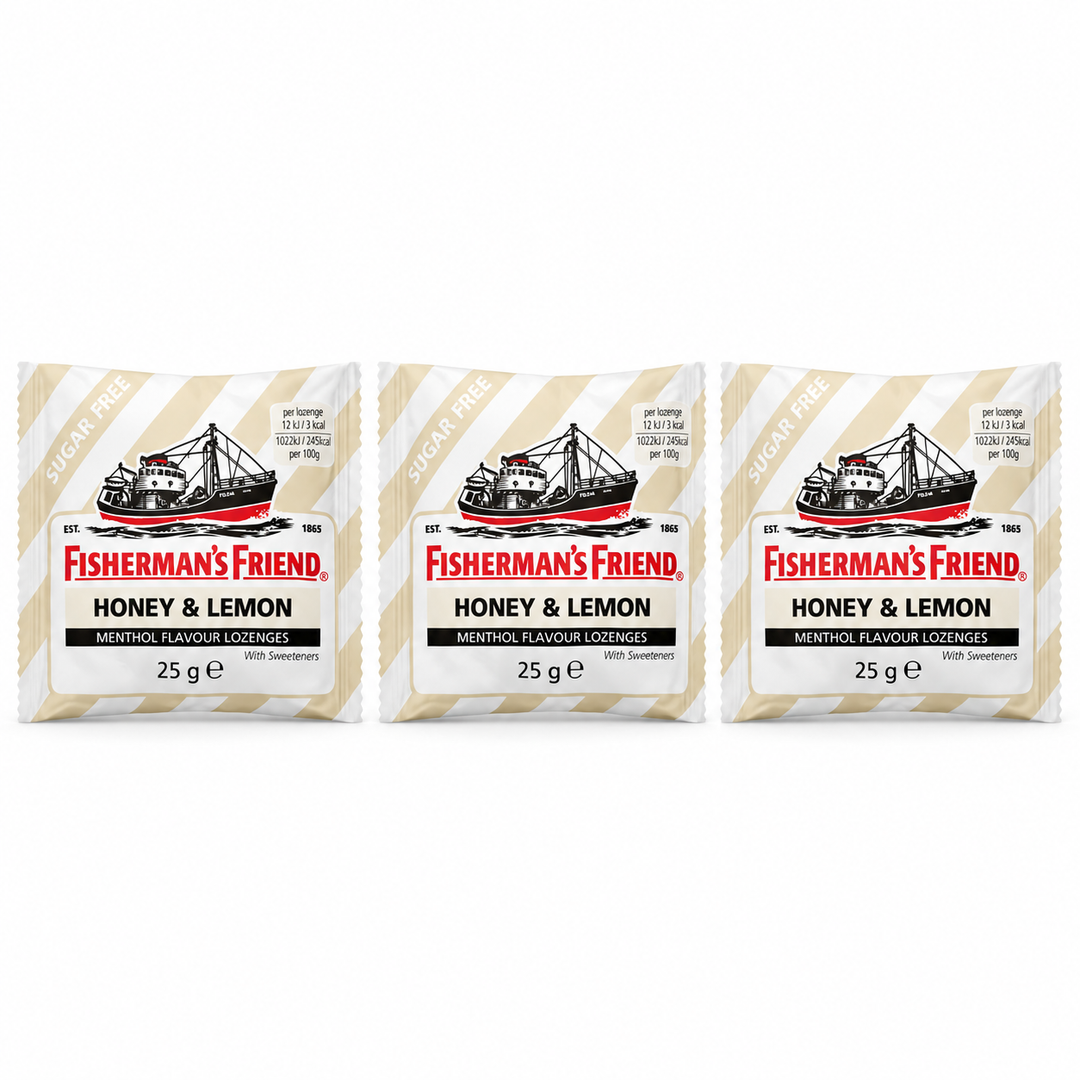 Fisherman's Friend Honey & Lemon Sugar Free Lozenges 25 g – 3 Pouches — exactly 3 sealed pouches on white
