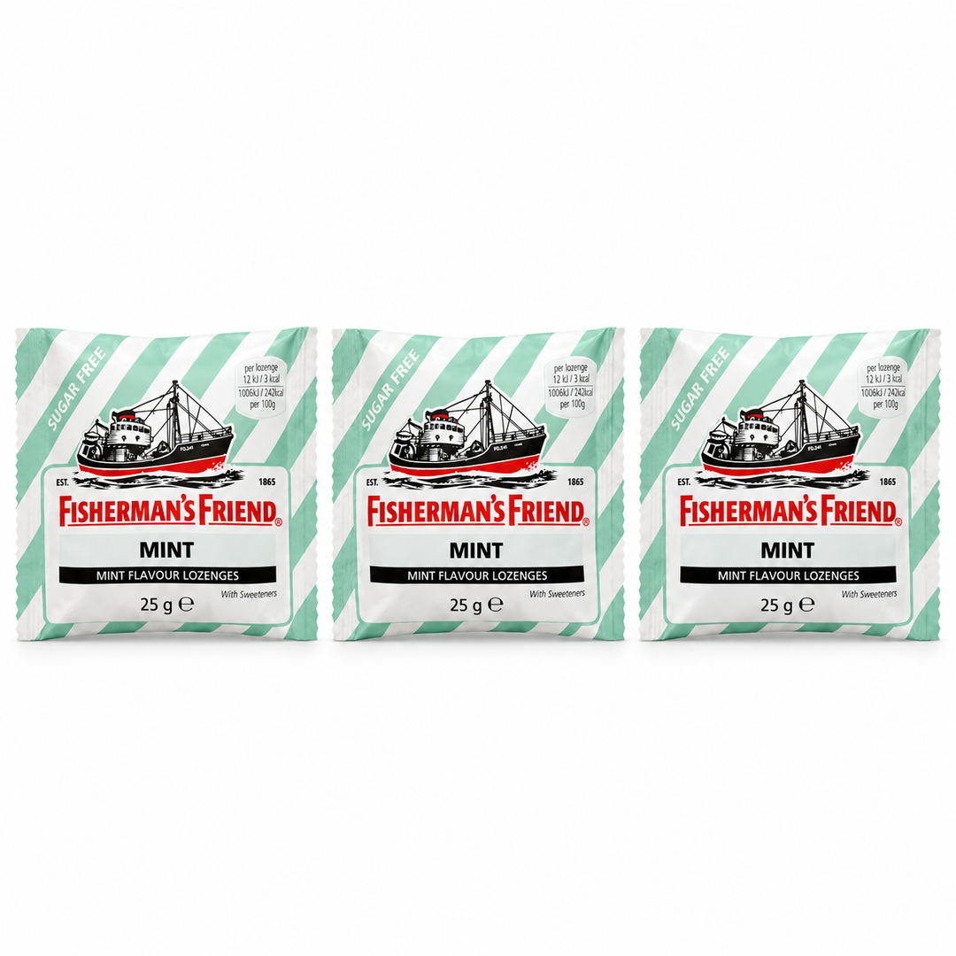 Fisherman's Friend Mint Sugar Free Lozenges 25 g – 3 Pouches — exactly 3 sealed pouches on white