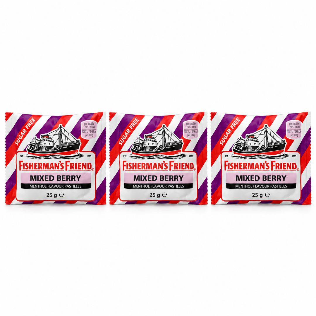 Fisherman's Friend Mixed Berry Sugar Free Lozenges 25 g – 3 Pouches — exactly 3 sealed pouches on white