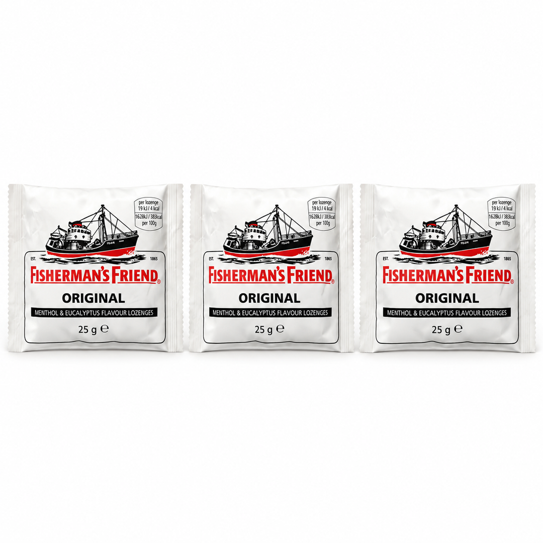 Fisherman's Friend Original Extra Strong Lozenges 25 g – 3 Pouches — exactly 3 sealed pouches on white