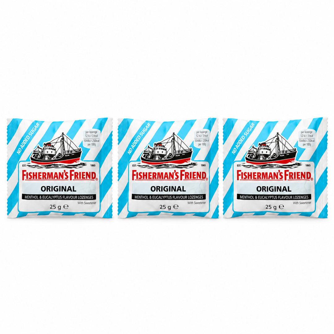 Fisherman's Friend Original No Added Sugar Lozenges 25 g – 3 Pouches — exactly 3 sealed pouches on white