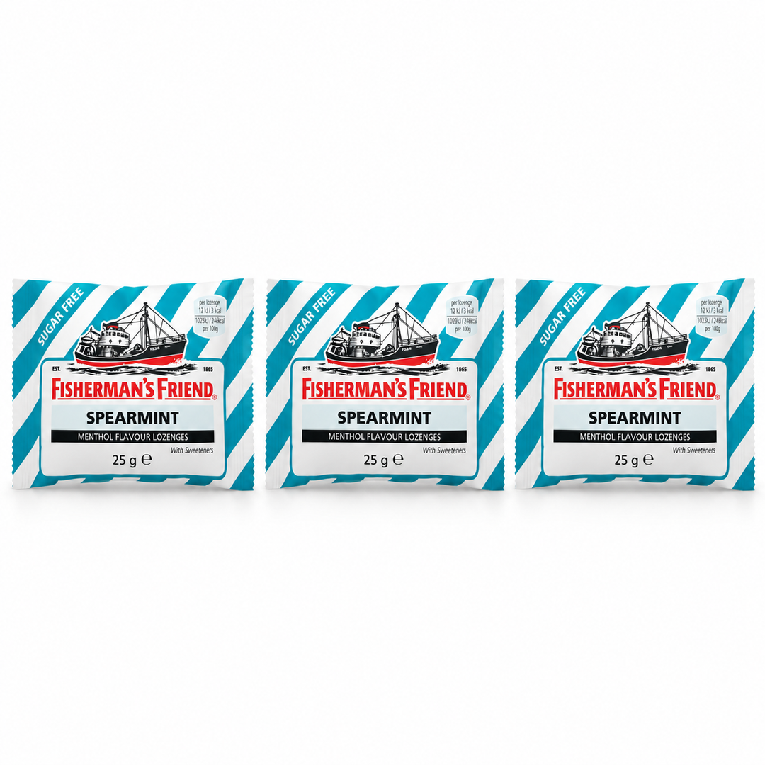 Fisherman's Friend Spearmint Sugar Free Lozenges 25 g – 3 Pouches — exactly 3 sealed pouches on white