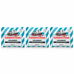 Fisherman's Friend Spearmint Sugar Free Lozenges 25 g – 3 Pouches — exactly 3 sealed pouches on white