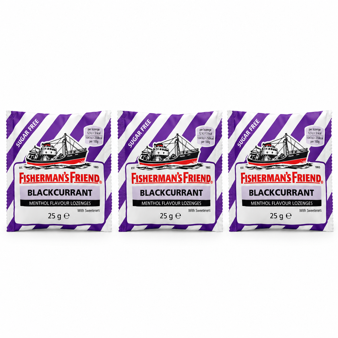 Fisherman's Friend Blackcurrant Sugar Free Lozenges 25 g — 3 pouches on white