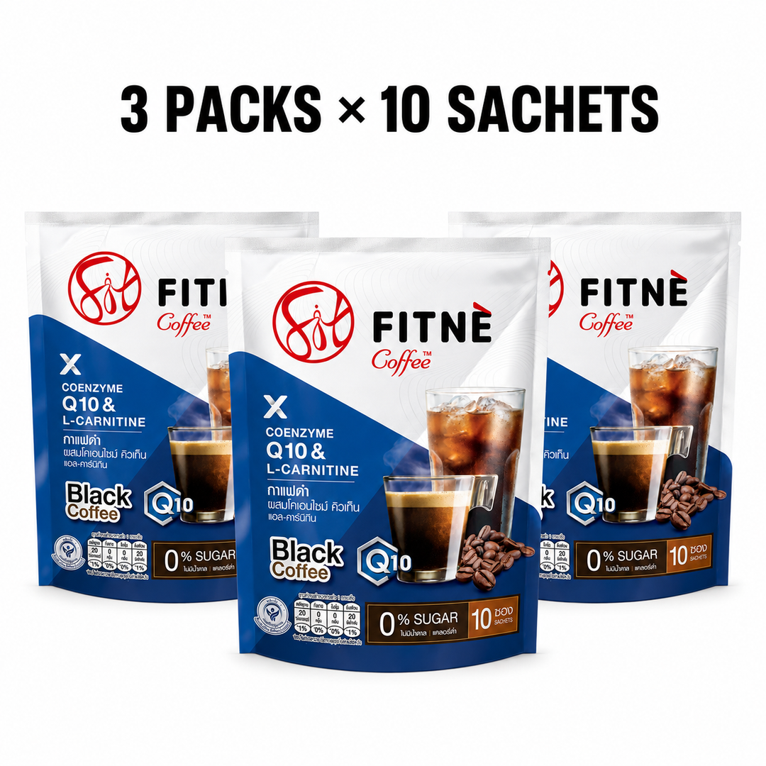 FITNÉ Black Coffee with Coenzyme Q10 and L-Carnitine bundle of 3 packs with 10 sachets each