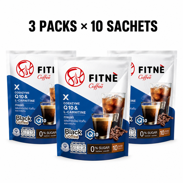 FITNÉ Black Coffee with Coenzyme Q10 and L-Carnitine bundle of 3 packs with 10 sachets each