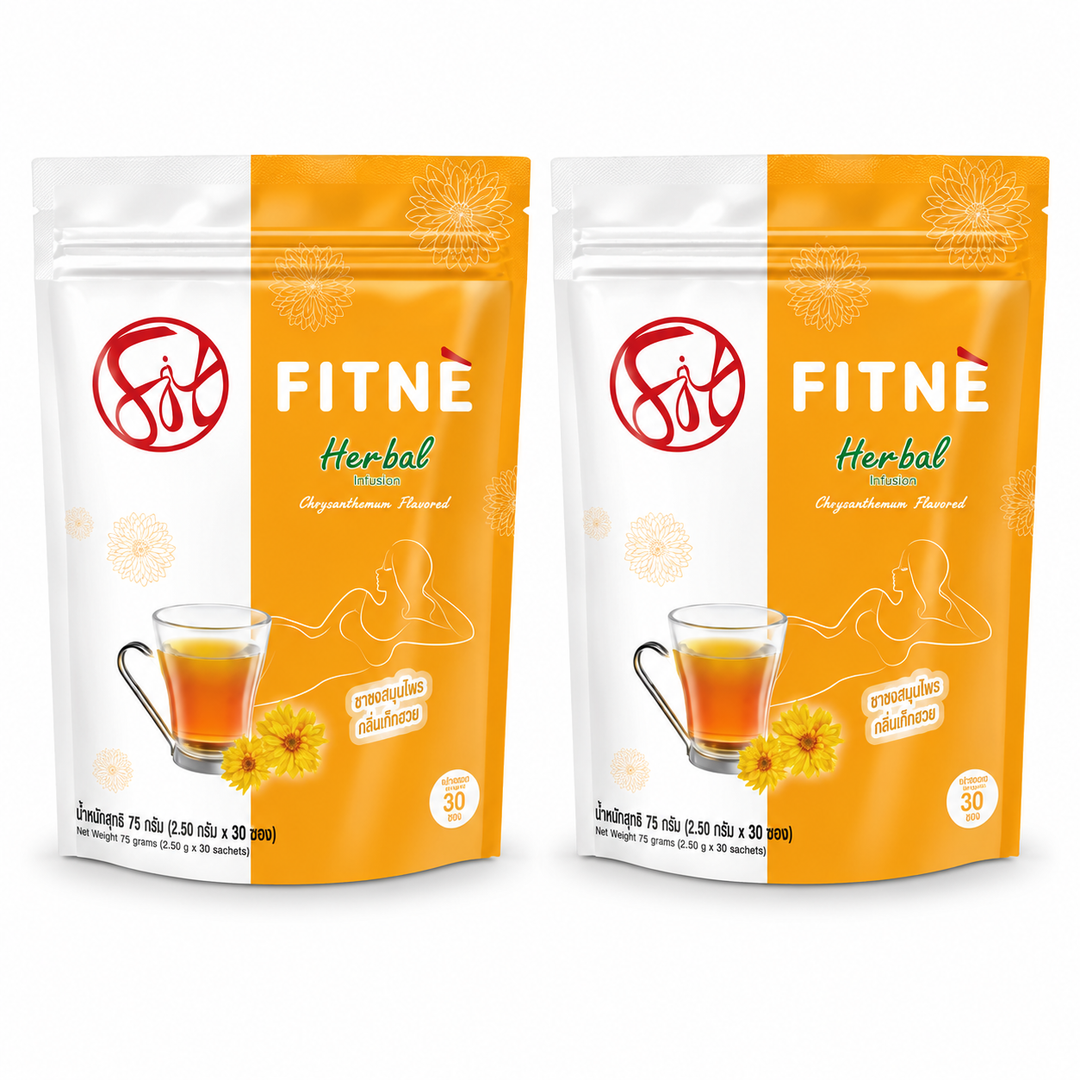 FITNÉ Chrysanthemum Senna Herbal Infusion 30 Tea Bags – 2 Pouches — exactly 2 sealed retail units on white