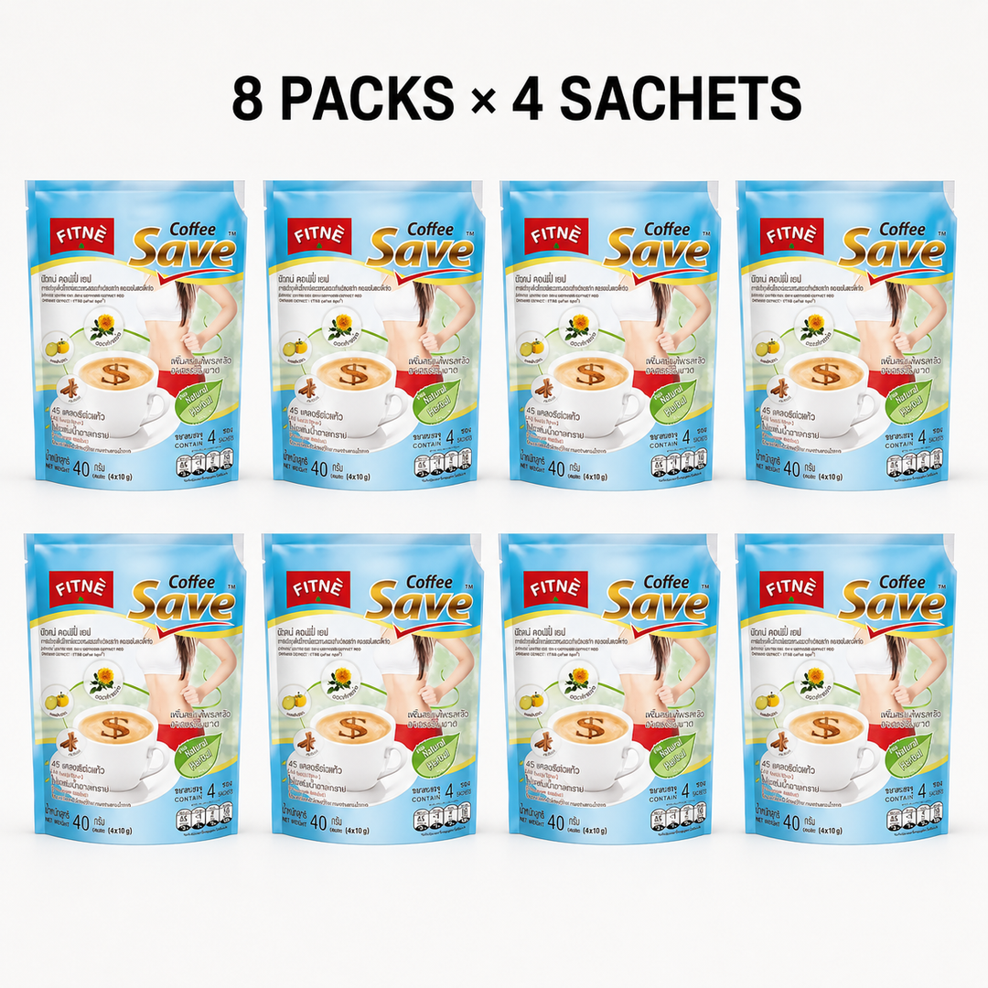 Eight packs of FITNÉ Coffee Save herbal instant coffee, four sachets per pack