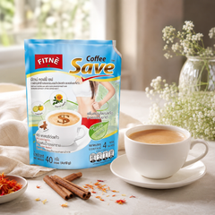 FITNÉ Coffee Save herbal instant coffee pack with a hot cup of coffee