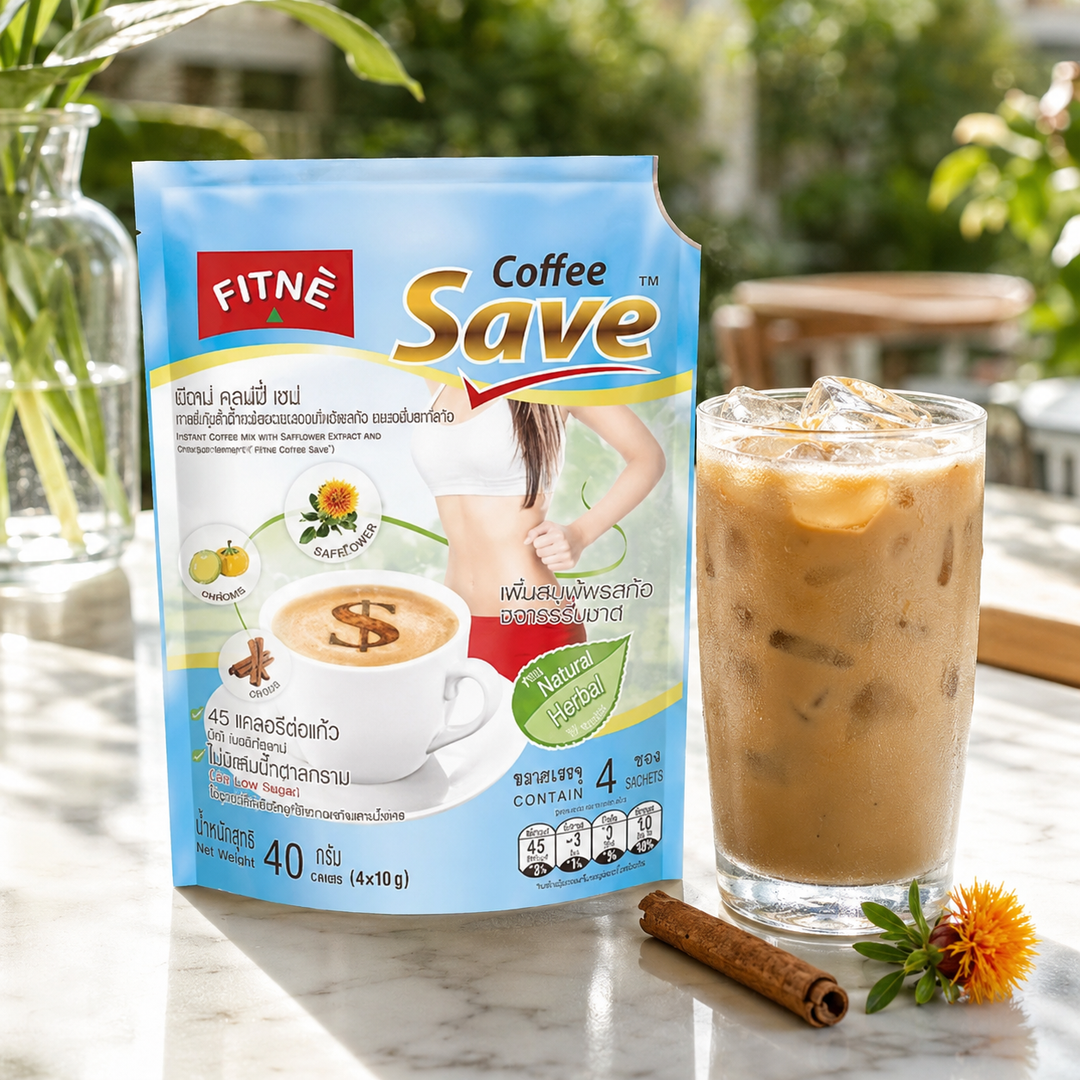 FITNÉ Coffee Save herbal instant coffee pack beside an iced coffee