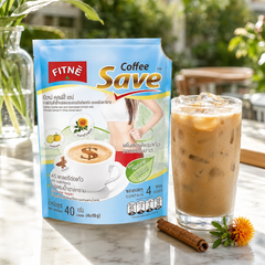 FITNÉ Coffee Save herbal instant coffee pack beside an iced coffee