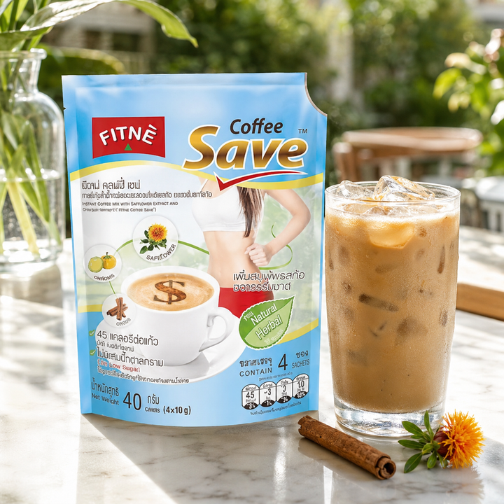 FITNÉ Coffee Save herbal instant coffee pack beside an iced coffee