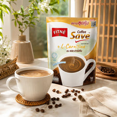 FITNÉ Coffee Save pouch beside a freshly prepared hot coffee